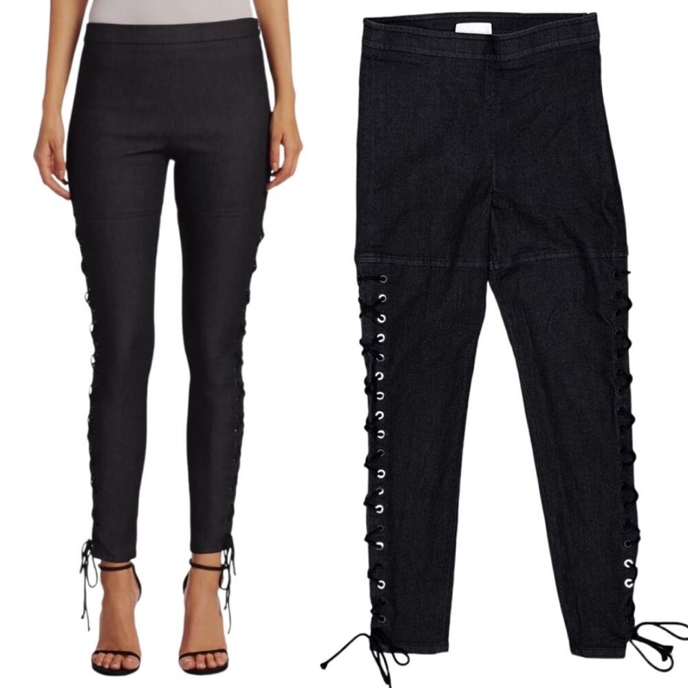 Cinq a Sept Kiran Pant Mid-Rise Stretch Denim Lace-Up Ankle Jeans in Black Sz 0